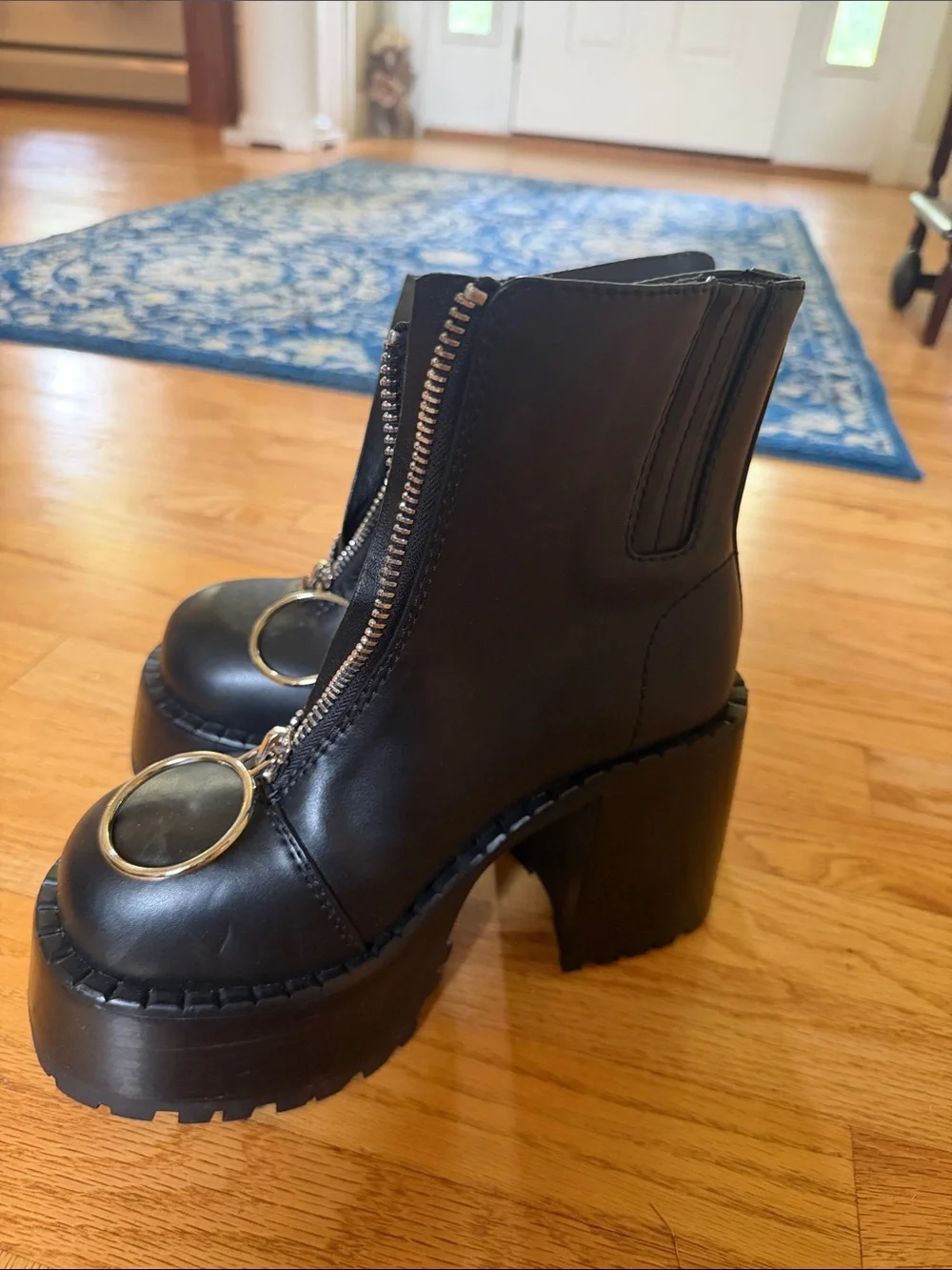 Dolls Kill Black Chunky Platform Ankle Boots with Gold Ring Zipper
